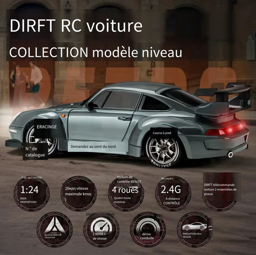 Voiture de drift à grande vitesse télécommandée à demi-échelle 1:24 （2 piles）