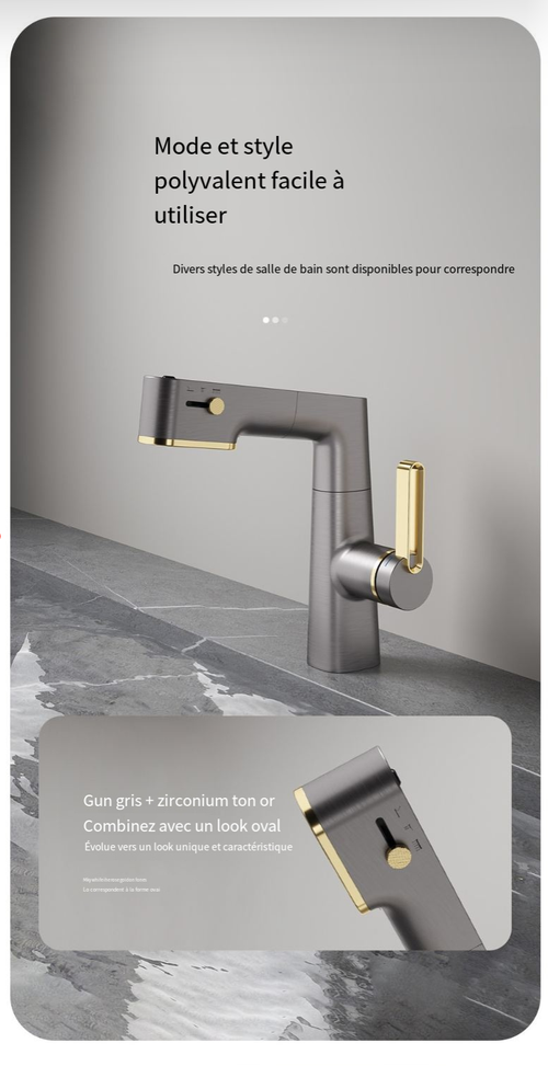 Robinet de lavabo extractible à affichage LED à 3 modes de débit d'eau