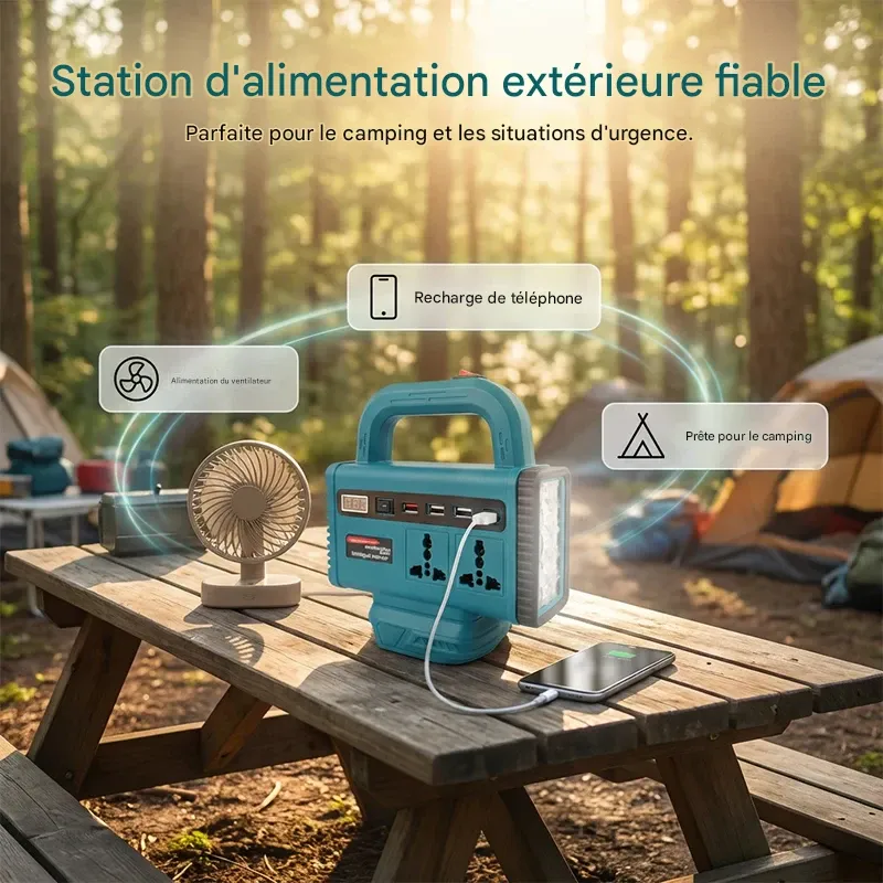 Convertisseur de puissance portable avec lampe de travail LED. Capacité de la batterie : 9 000 mAh