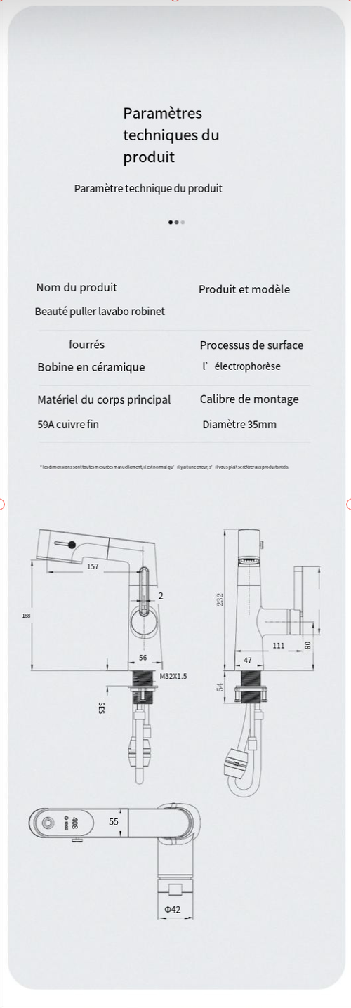Robinet de lavabo extractible à affichage LED à 3 modes de débit d'eau