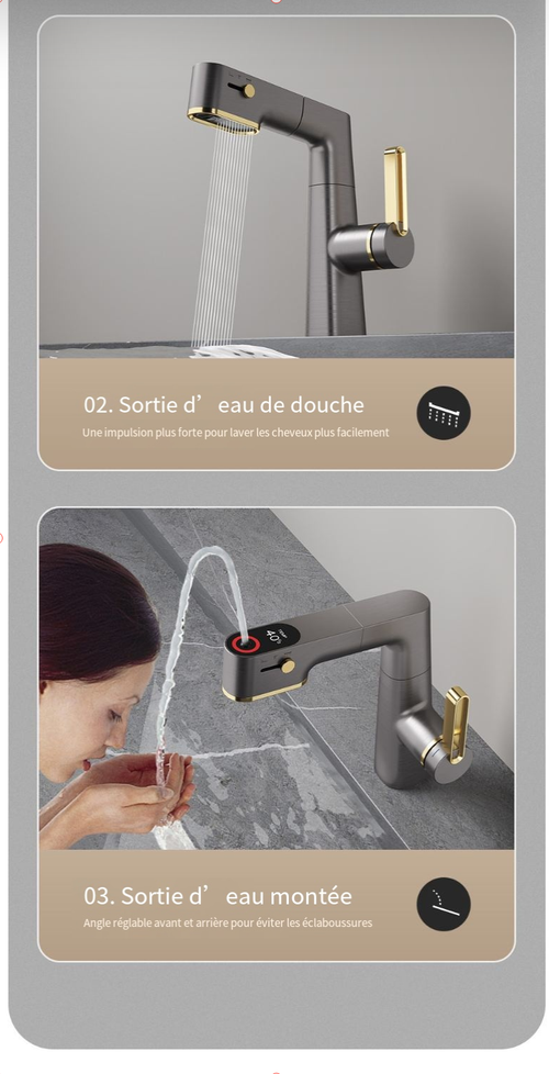 Robinet de lavabo extractible à affichage LED à 3 modes de débit d'eau