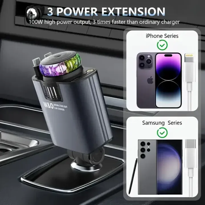 Nouveau chargeur de voiture 4 en 1 avec ciel étoilé LED magique et aromathérapie | Câbles auto-rétractables | Deux ports USB