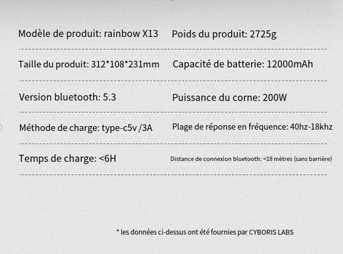 Cyboris-Nouveau haut-parleur de karaoké Bluetooth d'extérieur haute puissance 2.2 canaux 200 W Rainbow X13 peut connecter des instruments de musique