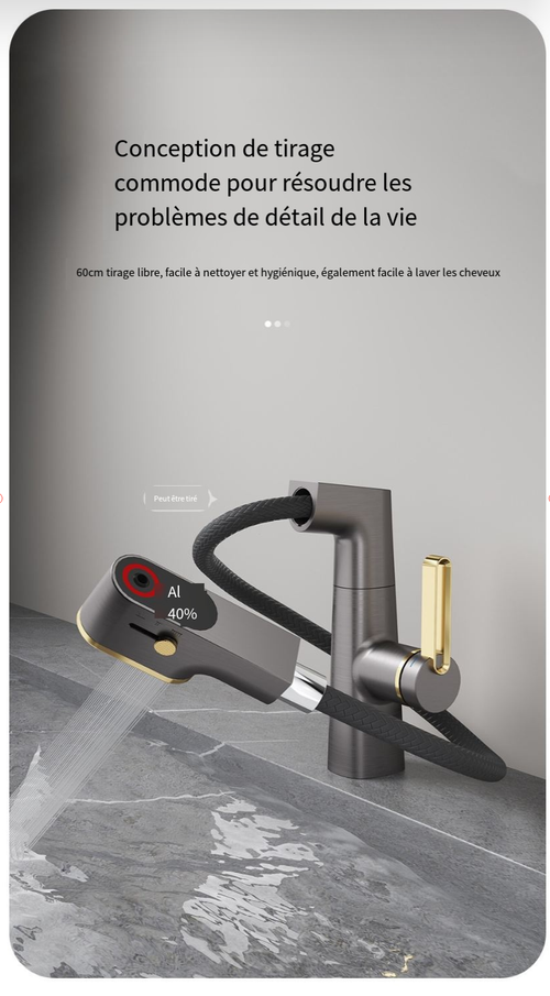 Robinet de lavabo extractible à affichage LED à 3 modes de débit d'eau