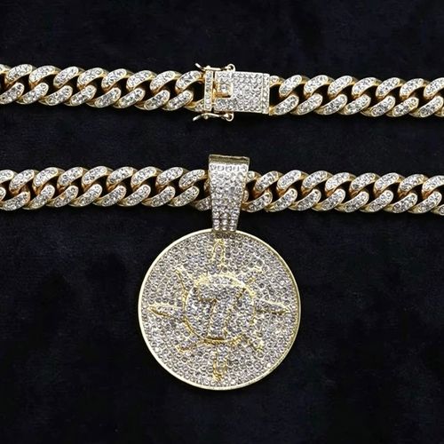 Iced Out Oversized Lucky Number 7 Round Medallion Pendant Necklace with Micro-Pave Cuban Link Chain - Hip Hop Bling Jewelry