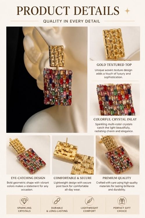 Luxury Colorful Crystal Statement Drop Earrings for Women | Gold Geometric Party Earrings