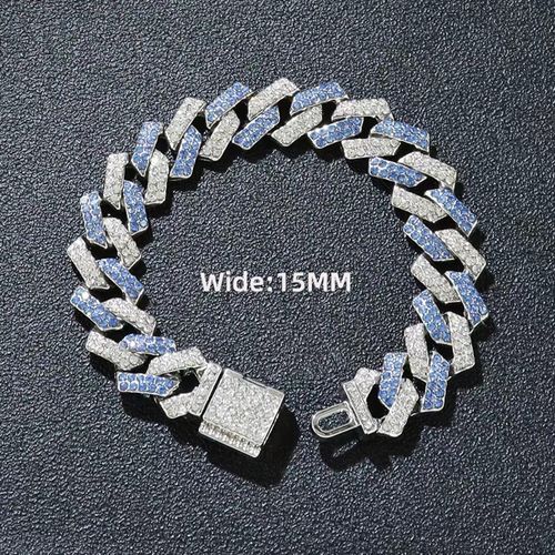 15mm Iced Out Two-Tone Cuban Link Bracelet - Blue & White Silver Hip Hop Jewelry for Men