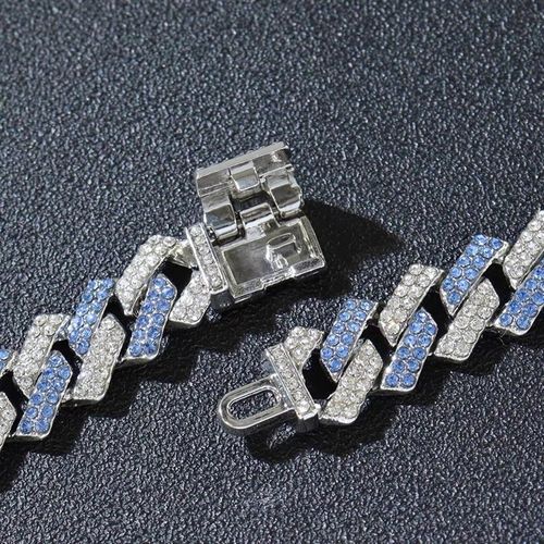 15mm Iced Out Two-Tone Cuban Link Bracelet - Blue & White Silver Hip Hop Jewelry for Men