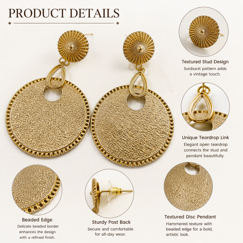 Luxury Vintage Gold Disc Earrings – Statement Textured Metal Drop Earrings for Women | Elegant African-Inspired Fashion Jewelry