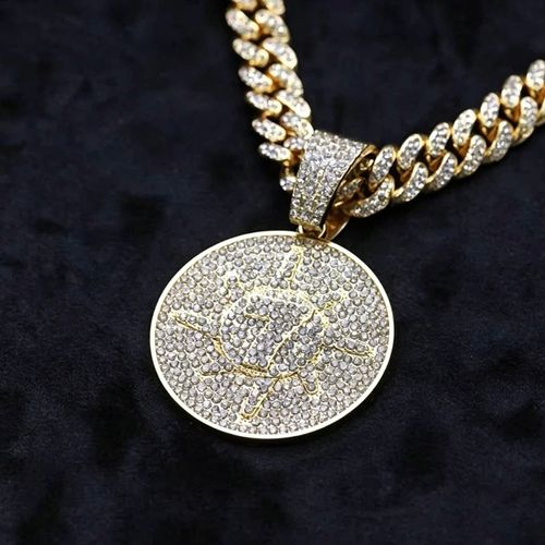 Iced Out Oversized Lucky Number 7 Round Medallion Pendant Necklace with Micro-Pave Cuban Link Chain - Hip Hop Bling Jewelry