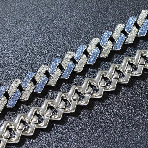 15mm Iced Out Two-Tone Cuban Link Bracelet - Blue & White Silver Hip Hop Jewelry for Men