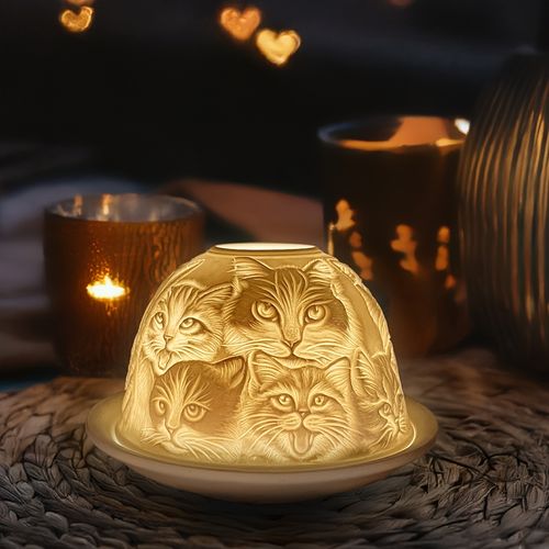 Ceramic Cat Candle Holder Set – Tealight Lamp with 3D Light Projection