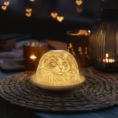 Ceramic Cat Candle Holder Set – Tealight Lamp with 3D Light Projection