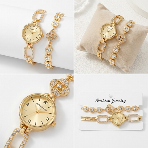 A pair of watch bracelets, available with white, gold, or black dials.