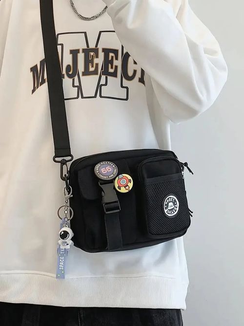 Unisex Casual Plain Color Release Buckle Crossbody Bag with Astronaut Charm, Fashionable Versatile Zipper Crossbody Bag with Random Color Badge, Trendy Shoulder Bag for Daily Use, Casual Messenger Bags, Stylish Crossbody Bags