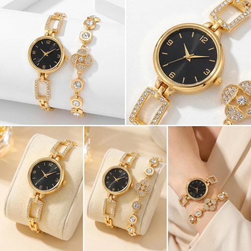 A pair of watch bracelets, available with white, gold, or black dials.