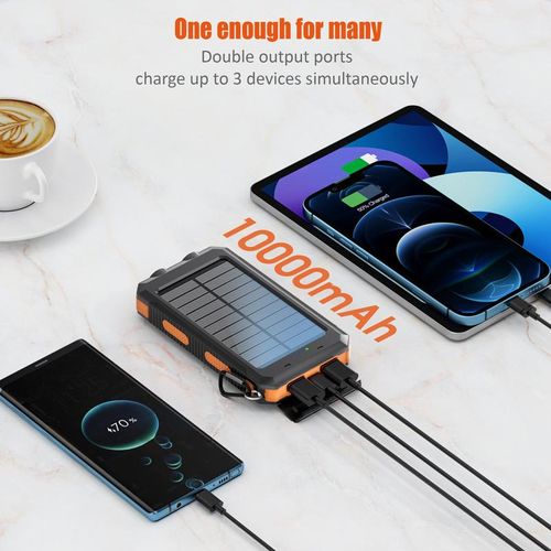 10000mAh Solar Charger, Waterproof w Dual USB  LED for iPhone Android