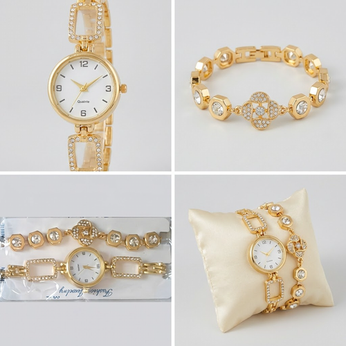 A pair of watch bracelets, available with white, gold, or black dials.