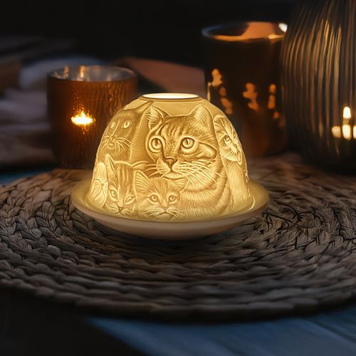 Ceramic Cat Candle Holder Set – Tealight Lamp with 3D Light Projection