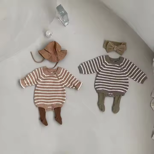 Autumn Newborn Infant Toddler Boys Girls Clothes Long Sleeve Knit Striped Baby Bodysuit Romper