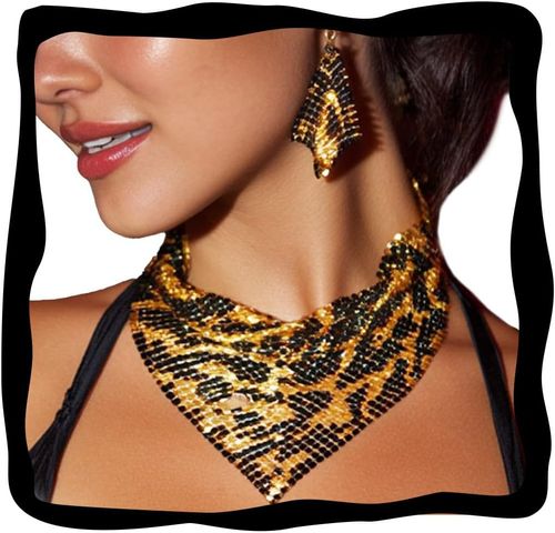Shiny Metal Triangular Scarf Necklace with Earrings Set Metal Sequins Choker Necklace Adjustable Metal Mesh Statement Necklace Sequins Collar for Women