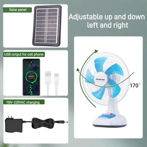 12-inch AC-DC solar fan set, oscillating rechargeable fan with light, table fan