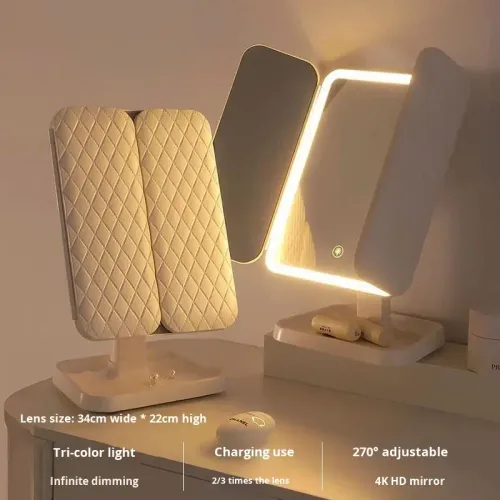 Makeup Mirror with LED Lights,Rechargeable Vanity Mirror with 3-Color Lighting Modes,1X 2X 3X 10X Magnification,Tri-Fold Makeup Mirror,White