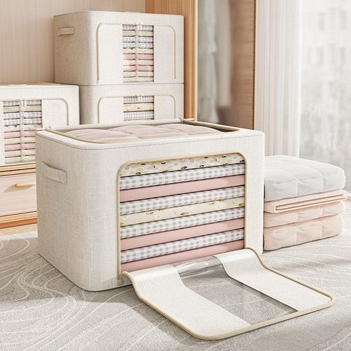 Clothes Storage Bins with Metal Frame, Foldable Clothing Storage Bin with Lid, Stackable Oxford Fabric Organizer Box With Clear Window & Zippers & PU Leather Handles (3 Pack,Beige,66L)