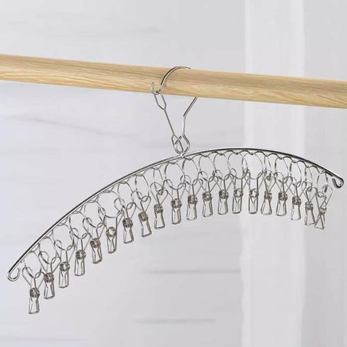（two pieces）Arc-shaped  Stainless Steel Sock Drying Rack with 20 Clips, Swivel Hook Wind-Proof Clothes Hanger Rack for Sock, Bras, Underwear, Laundry Accessories