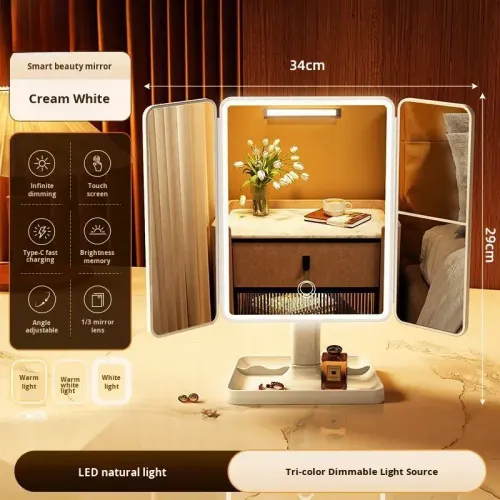 Makeup Mirror with LED Lights,Rechargeable Vanity Mirror with 3-Color Lighting Modes,1X 2X 3X 10X Magnification,Tri-Fold Makeup Mirror,White