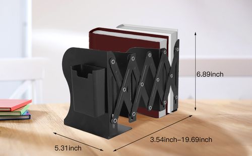 Adjustable Metal Bookends with Detachable Magnetic Pen Holder - Durable Expandable Book Stand for Desk, Office, and Home Decorative Bookends