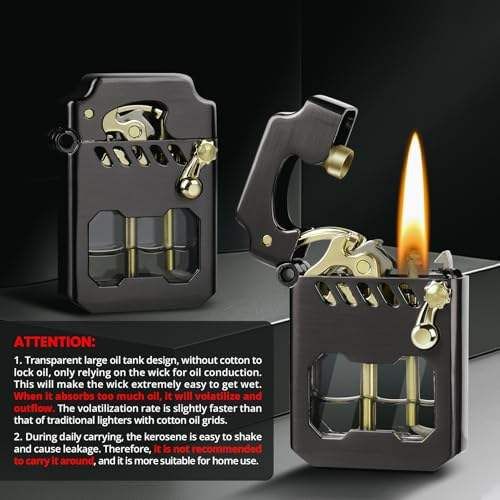 Vintage Rocker Metal Kerosene Lighter, Portable Transparent Window, Grinding Wheel Windproof Lighters, Camping Candle Men's Gift (Kerosene Not Included)