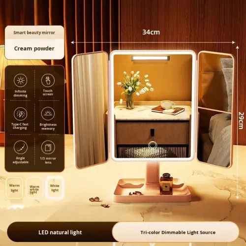 Makeup Mirror with LED Lights,Rechargeable Vanity Mirror with 3-Color Lighting Modes,1X 2X 3X 10X Magnification,Tri-Fold Makeup Mirror,White