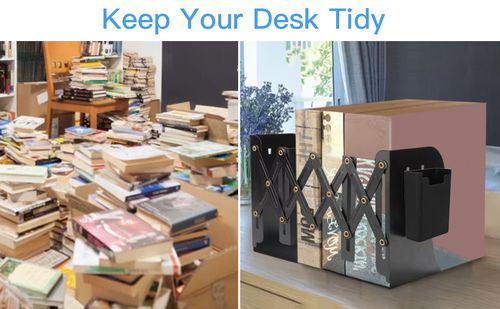 Adjustable Metal Bookends with Detachable Magnetic Pen Holder - Durable Expandable Book Stand for Desk, Office, and Home Decorative Bookends