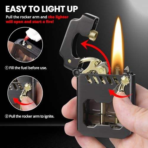 Vintage Rocker Metal Kerosene Lighter, Portable Transparent Window, Grinding Wheel Windproof Lighters, Camping Candle Men's Gift (Kerosene Not Included)