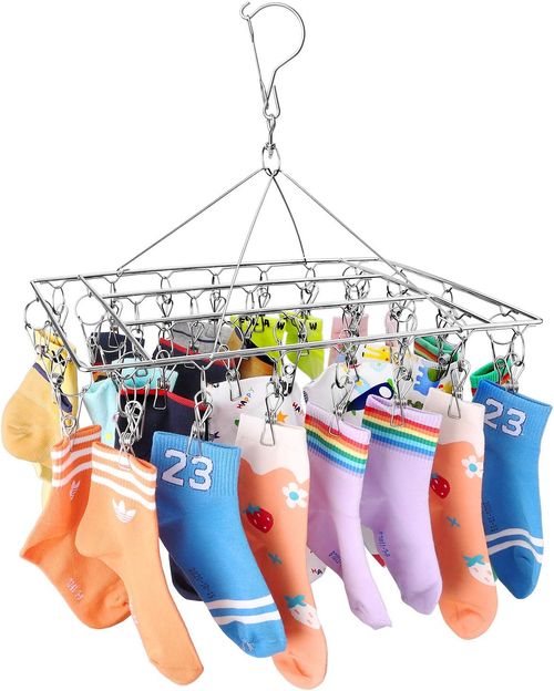 （two pieces）Square  Stainless Steel Sock Drying Rack with 20 Clips, Swivel Hook Wind-Proof Clothes Hanger Rack for Sock, Bras, Underwear, Laundry Accessories