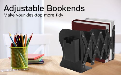 Adjustable Metal Bookends with Detachable Magnetic Pen Holder - Durable Expandable Book Stand for Desk, Office, and Home Decorative Bookends