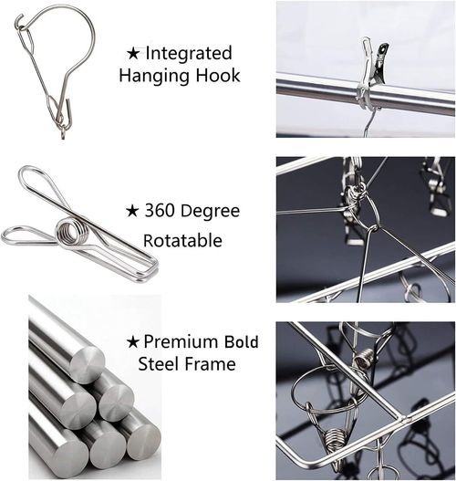 （two pieces）Square  Stainless Steel Sock Drying Rack with 20 Clips, Swivel Hook Wind-Proof Clothes Hanger Rack for Sock, Bras, Underwear, Laundry Accessories
