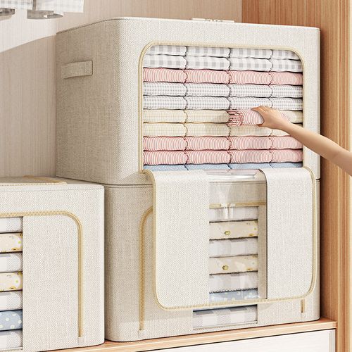 Clothes Storage Bins with Metal Frame, Foldable Clothing Storage Bin with Lid, Stackable Oxford Fabric Organizer Box With Clear Window & Zippers & PU Leather Handles (3 Pack,Beige,66L)