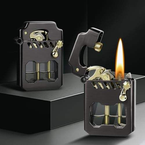 Vintage Rocker Metal Kerosene Lighter, Portable Transparent Window, Grinding Wheel Windproof Lighters, Camping Candle Men's Gift (Kerosene Not Included)