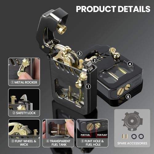 Vintage Rocker Metal Kerosene Lighter, Portable Transparent Window, Grinding Wheel Windproof Lighters, Camping Candle Men's Gift (Kerosene Not Included)