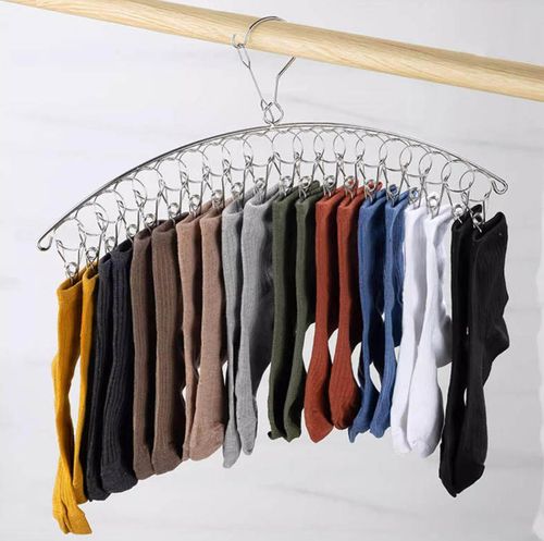 （two pieces）Arc-shaped  Stainless Steel Sock Drying Rack with 20 Clips, Swivel Hook Wind-Proof Clothes Hanger Rack for Sock, Bras, Underwear, Laundry Accessories