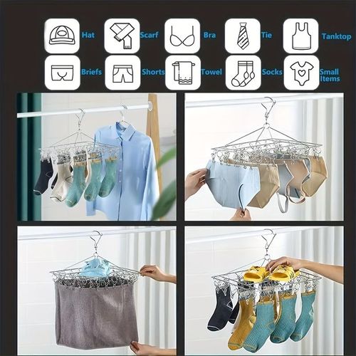 （two pieces）Square  Stainless Steel Sock Drying Rack with 20 Clips, Swivel Hook Wind-Proof Clothes Hanger Rack for Sock, Bras, Underwear, Laundry Accessories