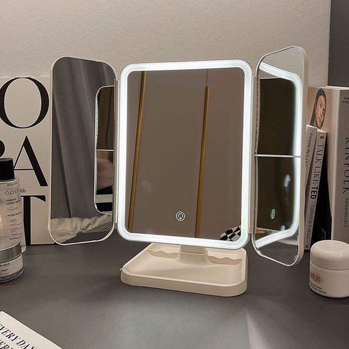 Makeup Mirror with LED Lights,Rechargeable Vanity Mirror with 3-Color Lighting Modes,1X 2X 3X 10X Magnification,Tri-Fold Makeup Mirror,White