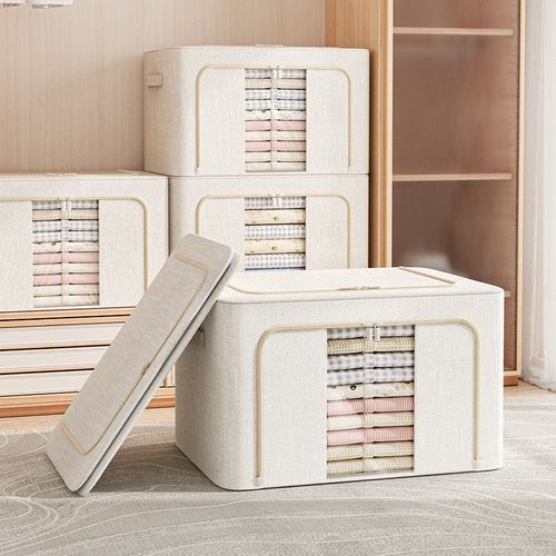 Clothes Storage Bins with Metal Frame, Foldable Clothing Storage Bin with Lid, Stackable Oxford Fabric Organizer Box With Clear Window & Zippers & PU Leather Handles (3 Pack,Beige,66L)