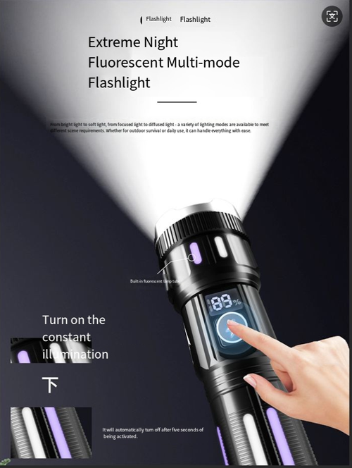 Best-selling digital electric flashlight. High-intensity multi-functional outdoor spotlight. Rechargeable with long battery life, extendable and zoomable flashlight.