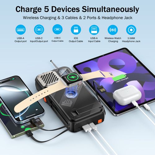 16000mAh Rugged Solar Power Bank FM Radio Iwatch Wireless Charger Hand Crank Generator High Display for Hiking Camping 20W