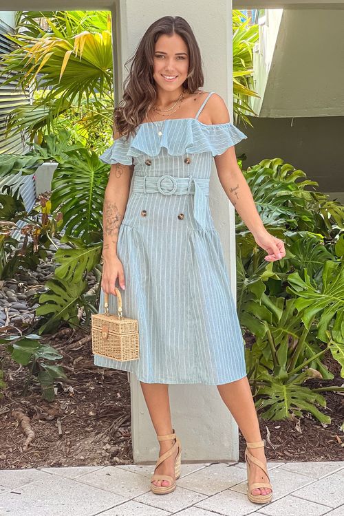 Sage Striped Off Shoulder Ruffle Midi Dress