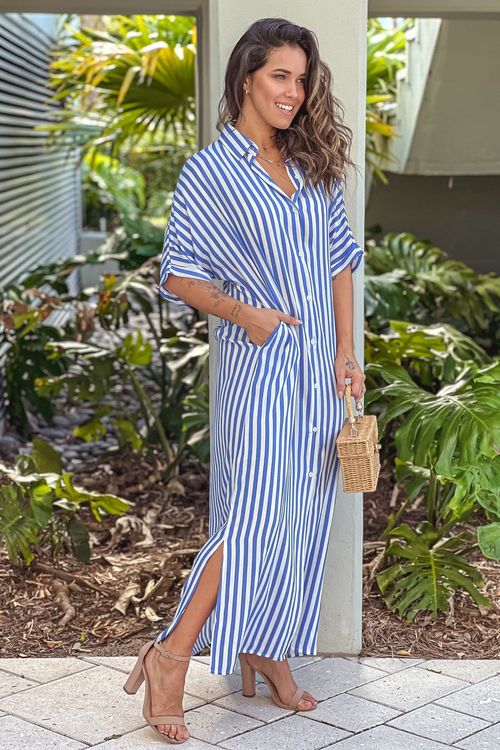 Blue Striped Button Down Long Shirt Dress