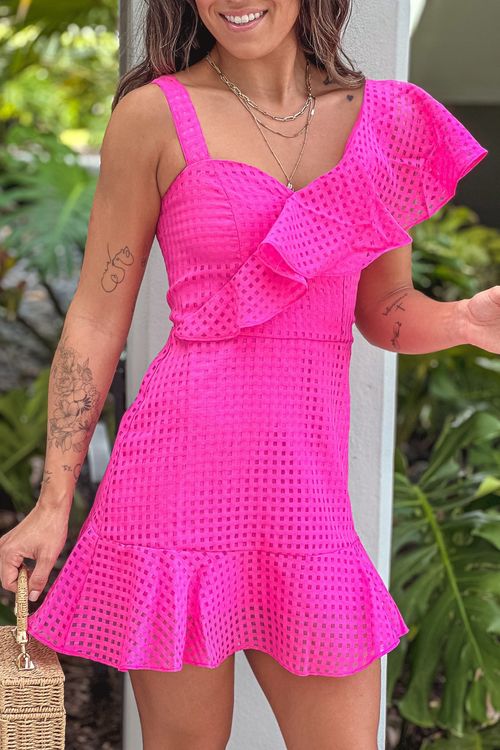 Hot Pink Ruffle Gingham Short Dress